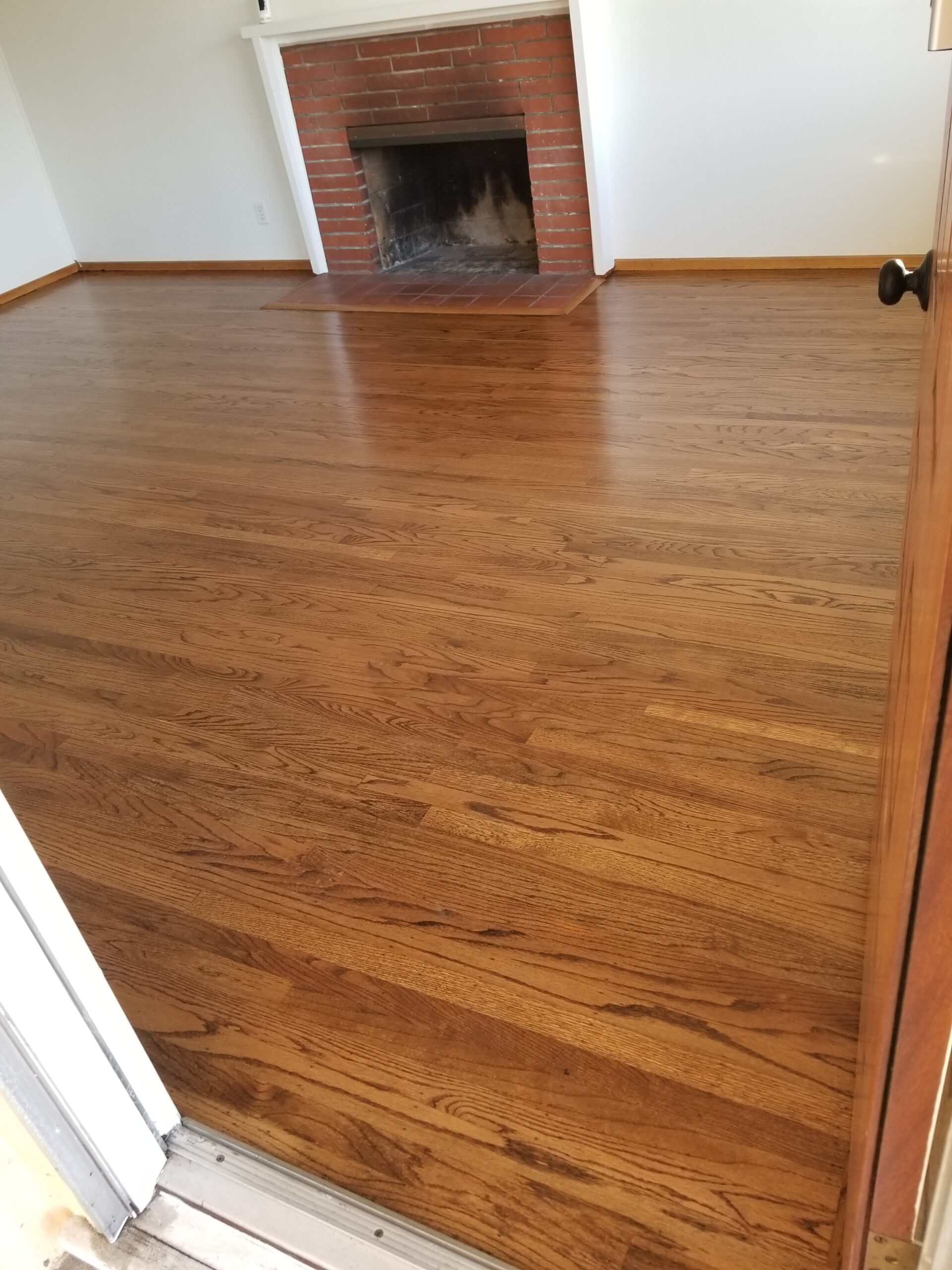 Refinish red oak floor with semi-gloss antique stain 275 square feet, Sunnyvale residential. 