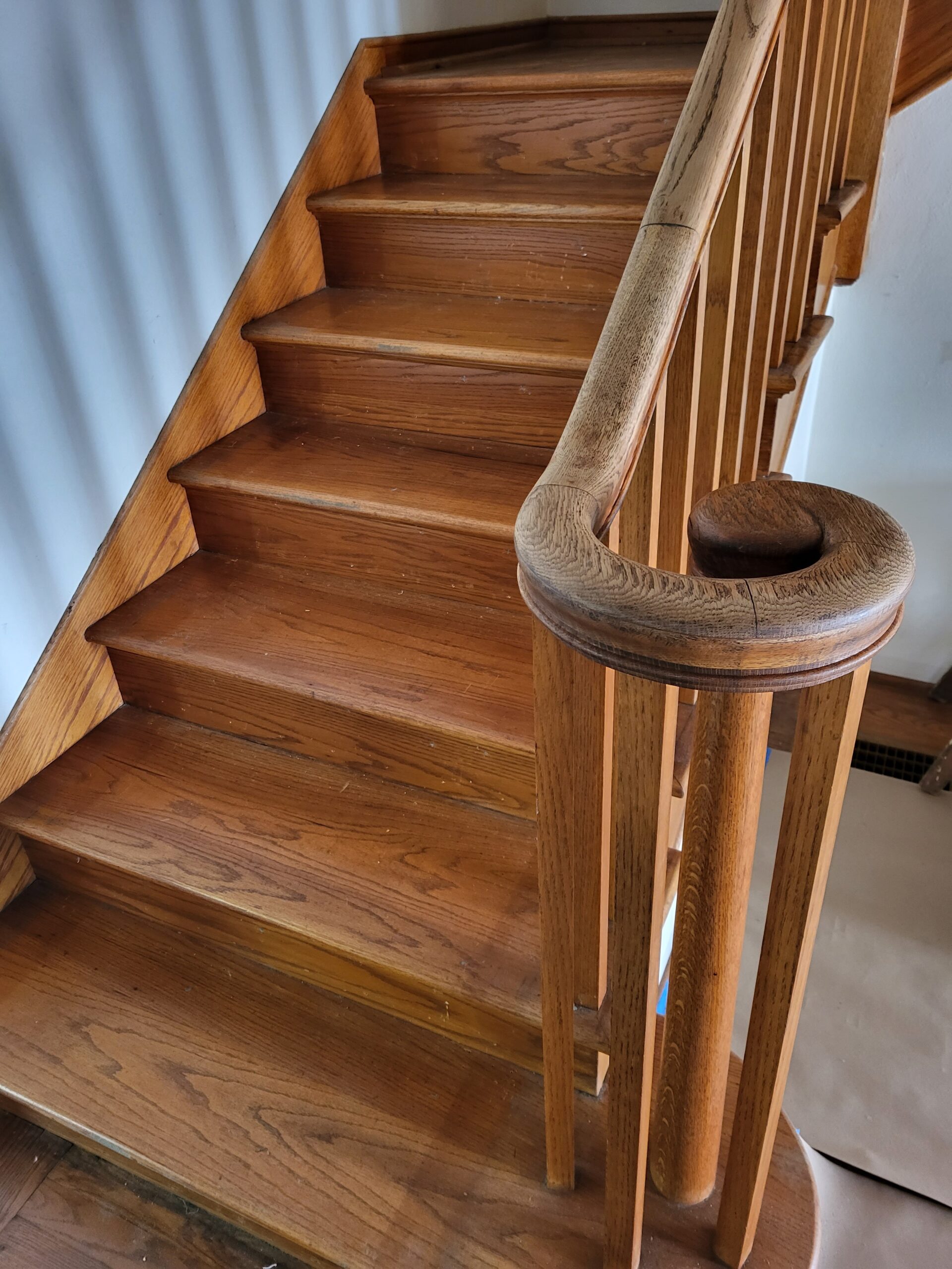 White oak stairs and handrail... stain and refinishing in Los Altos Hills, residential.