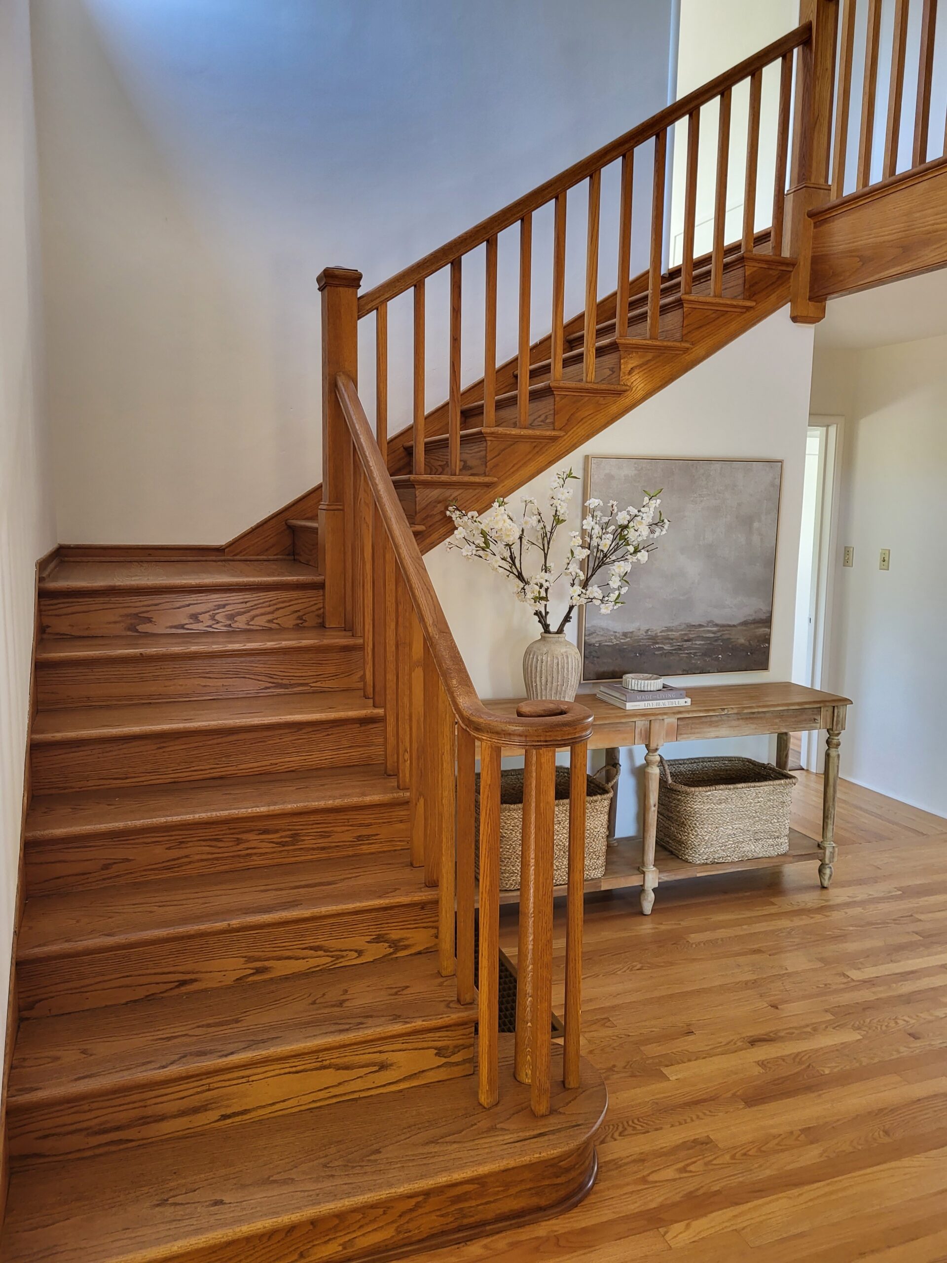 White oak stairs and handrail... stain and refinishing in Los Altos Hills, residential.
