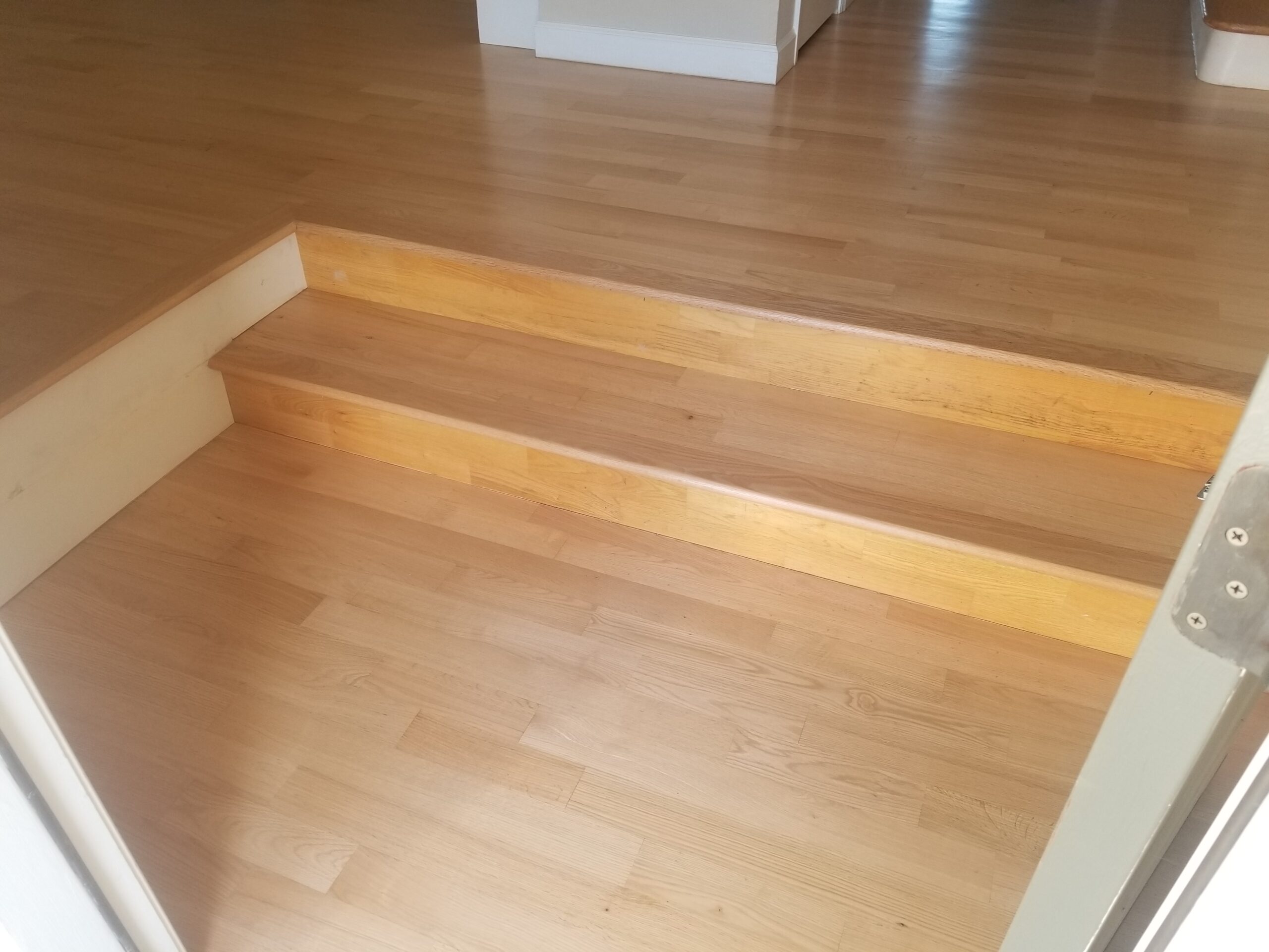 Finished repair to entry hall riser while replacing nosing to step hall entry with sanding, staining and finish to Los Altos residence. 