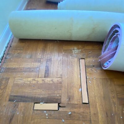 Boys bedroom. remove carpet, repair termite damage, install white oak flooring with parquet pattern. Los Altos Hills, residential. 