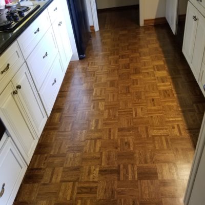 Red Oak Parque Flooring: Sand and refinished with hand-rub stain application and 3-coats of high-grade water-based finish Installed in Los Altos kitchen dinnet, 270 square feet.