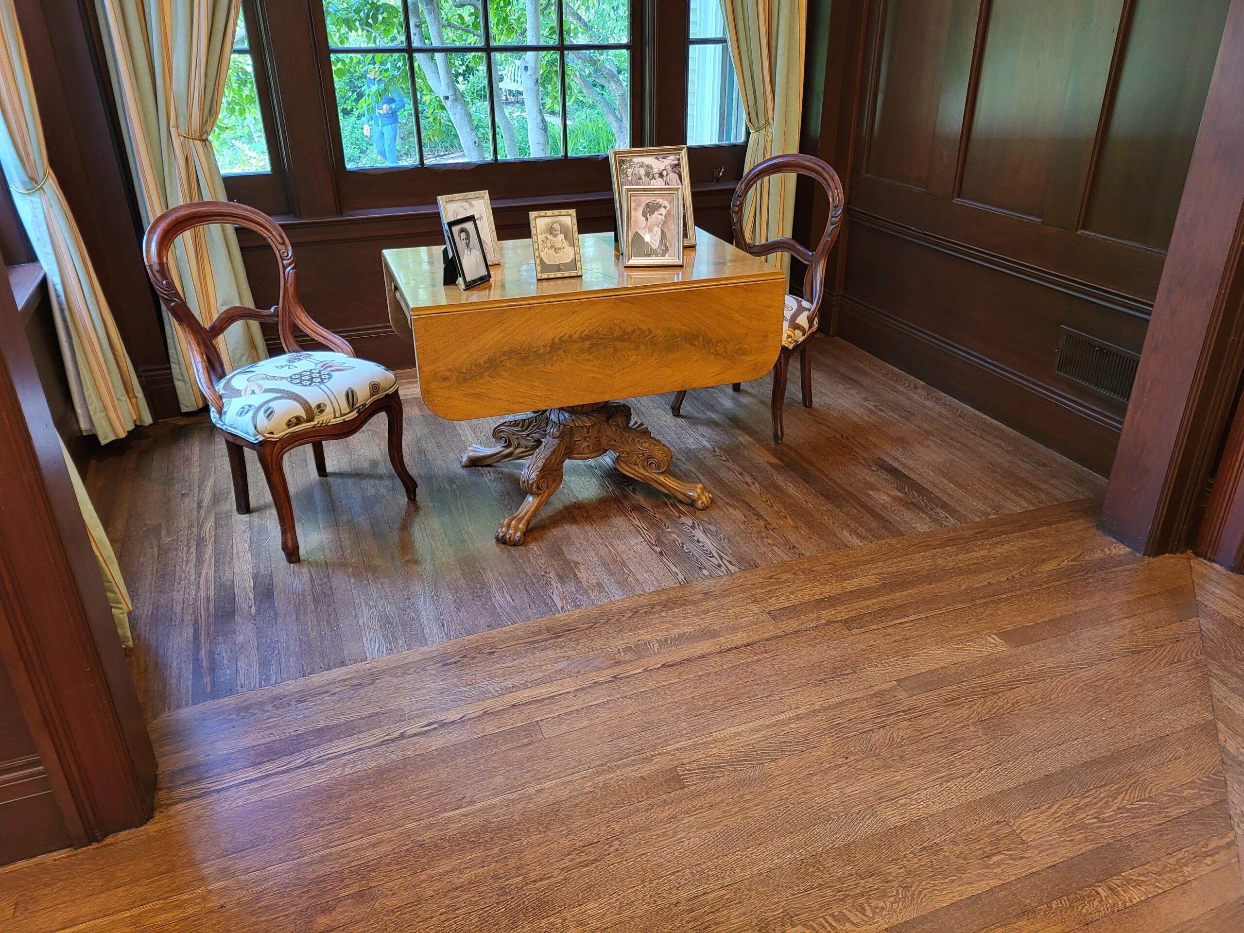Palo Alto's Gamble Garden House's refinished white oak hardwood flooring — the den. 