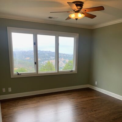 Mt. View - master bedroom, 300 square feet, sand and refinish  with medium-brown stain and 3 coats semi-water-base finish.