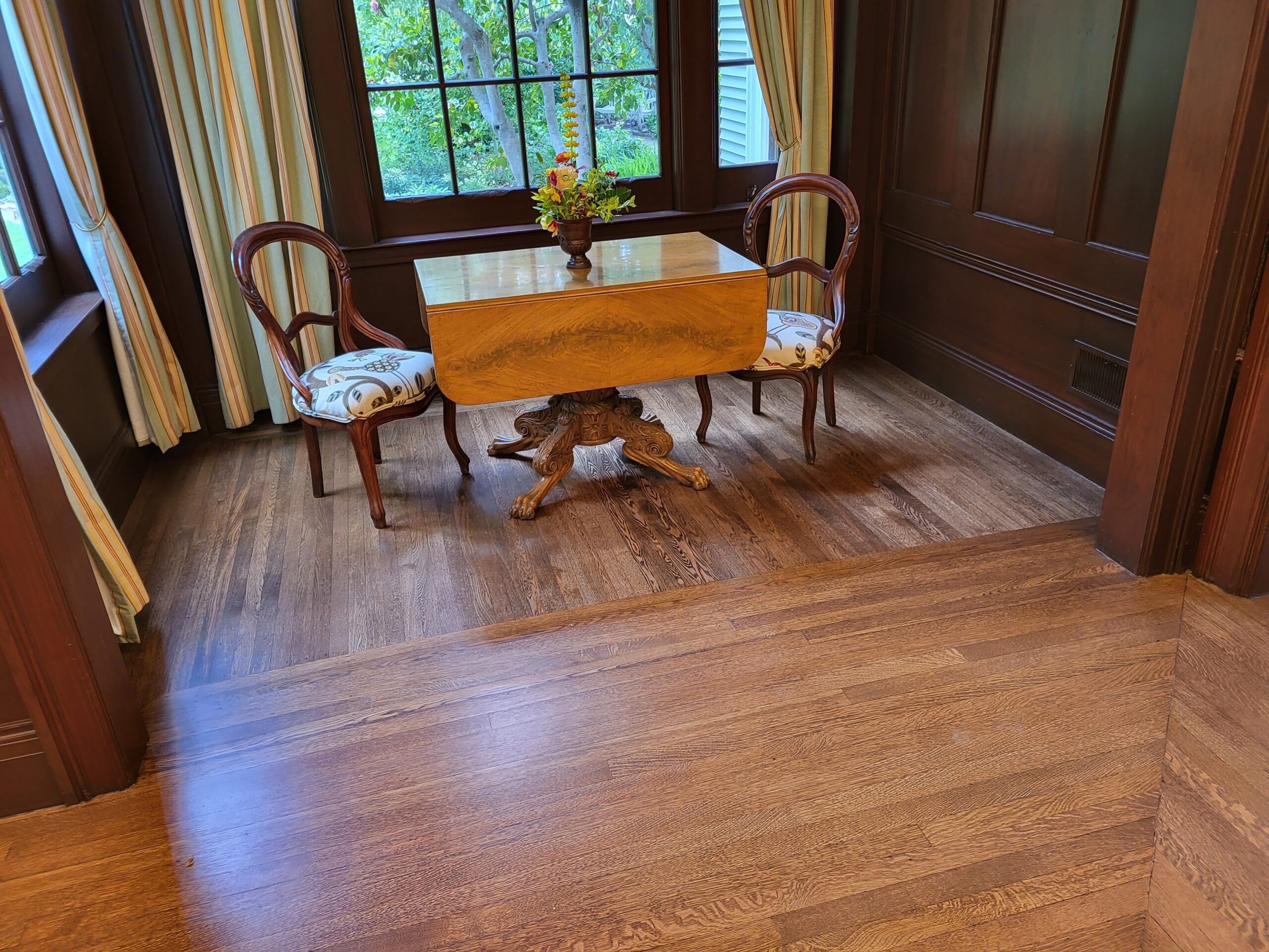 Gamble Garden's  House,.Palo Alto: Elegant Floors was proud to refinish the den's white oak hardwood. flooring.